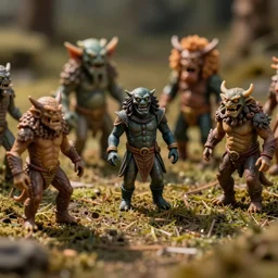 miniature figurines of heironymus bosch monsters, close up, detail, tilt shift, product photography