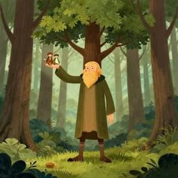 a tall tree with arms, legs, and a beard holding two hobbits in his hand while in a forest surrounded by tall trees, illustrated by J.R.R Tolkien