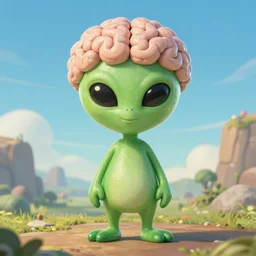 friendly green alien with bulging brain