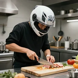 Person in a kitchen, wearing a motorcycle helmet, cutting food with a knife, award winning, digital art