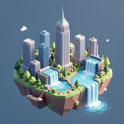 manhattan and waterfalls on a floating island in the sky, low poly art, isometric art, 3d render, ray tracing, high detail, artstation, concept art, behance, smooth, sharp focus, ethereal lighting, unreal engine 5