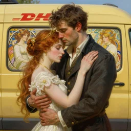 portrait of a man in dhl van hugging his wife, feelings, romantic, fantasy, intricate, elegant, highly detailed, digital painting, artstation, concept art, smooth, sharp focus, illustration, art by artgerm and greg rutkowski and alphonse mucha