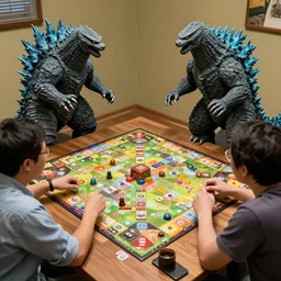 godzilla and gamera are playing enthusiastically tabletop board games