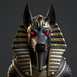 portrait of a fierce anubis with red glowing eyes, octane render, unreal engine, hyper realistic, digital art, unreal engine