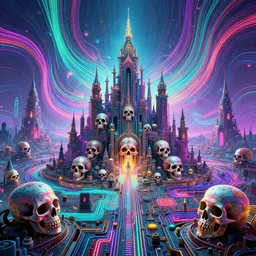 mysterious skull castles in infinite circuit board valley, synthwave, fractal waves, bright neon colors, highly detailed, cinematic, tim white, roger dean, michael whelan, caza, bob eggleton, philippe druillet, vladimir kush, kubrick, alfred kelsner, vallejo