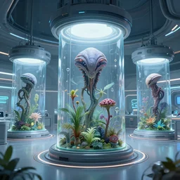 futuristic sci fi labs, with alien life growing in huge glass chambers,  Wadim Kashin, Les Edwards , featured in artstation, octane render, cinematic, elegant, intricate, 8k