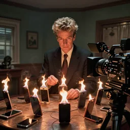 a movie still of a room full of sentient smartphones on fire, directed by david lynch, panavision panaflex platinum camera, high quality, surreal, dark, dystopian, weird, nightmare, hd