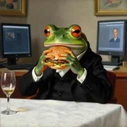 baroque oil painting handsome frog in elegant black suit eating a hamburger, painted by greg rutkowski cushart krentz jeremy mann, computer screens, wine glass, office interior, front view, close up shot, soft studio lighting, elegant, morandi color scheme, white embroidered tablecloth, baroque style, 8 k resolution