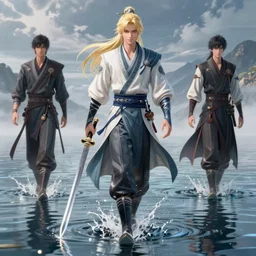blond beautiful boy xianxia hero 剑 网 3 walking on water, highly detailed, masterpiece, artstation, art by emika lightweaver and antoine collignon and akihiko yoshida