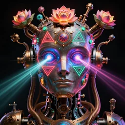 hyperdetailed portrait of a psychedelic steampunk robot head, covered in colorful glowing holy geometry lotus flowers and tubes, eyes shoot multicolored laserbeams, 8 k, symetrical, halluzinogenic, meditative, black background