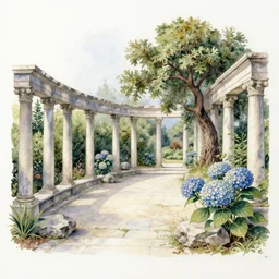 delicate marble garden on paper, stony, puffy, botanical herbarium, botanic watercolors, iridescent, 8 k wide angle, realistic shaded, fine details, artstation, italian, colonnade, oak tree, hydrangea, gardena architecture, pompeii