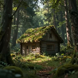a close up of a single cottage in the woods and empty woods, 8k, fantasy, realistic, atmospheric lighting