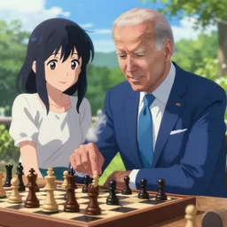 photorealistic Joe Biden playing chess with a beautiful smiling anime girl with black hair outside, anime key visual, digital art, anime screenshot, kyoto animation, makoto shinkai, trending on artstation