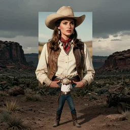 photo, a woman wearing holding a giant massive photograph of a vintage western cowboy movie, standing inside a dark western rocky scenic landscape, volumetric lighting