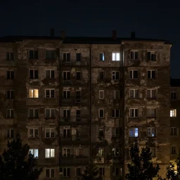 An average post-soviet Polish residential block at night, only one window is lit, dark