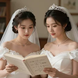 Two beautiful brides studying mathematics together, hyperrealistic, highly detailed, depth of field, High definition, 8k,  octane render, artstation