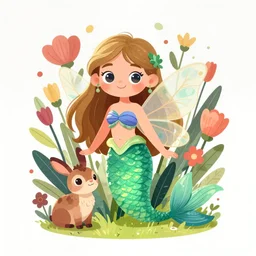 illustration of a beautiful fairie, mermaid, female portrait with flowers, whimsical big - eyed character accompanied by animals and birds, cross contour drawing