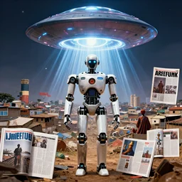ROBOT of AJEGUNLE SLUMS of Lagos inside African JESUS CHRIST about AESTHETICS surrounding large UFO within NEON rays of light, magazine collage, photographs, real world,