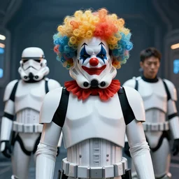 stormtrooper clown, art by nick hiatt and zhu wenzhe, funny wig, scifi, cinematic, dramatic light, high detail, artstation