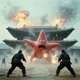 a filmstill of a north korean monster movie, kaiju - eiga monster starfish - like trampling a traditional korean palace, foggy, film noir, epic battle, etheral, explosions, communist propaganda, communist epic thriller, by akira kurosawa and wes anderson video compression