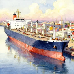 a beautiful insanely intricate watercolor illustration of modern harbor with big tanker ships, reflexions, colorfull, by william turner art, by greg rutkowski, by james jean, by rossdraws, by frank franzzeta, by sakimichan, by edmund dulac, trending on artstation, insanely detailed, masterpiece,