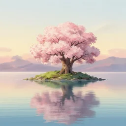 a small island in the middle of the ocean, the water is smooth and reflective, there is a cherry tree on the island, pale sunset background, ghibli style