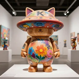 8 k octan, advertising, highly detailed, photo, a totally wooden figurine collectible art toys wooden on feet, funny very cute fat ufo zen with cat ears, flowers graffiti colored cyberpunk, a contemporary art gallery, symetrical, masterpiece of art, nofinito, design showroom, dealership, indoor display, convention, exhibition