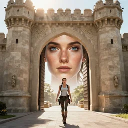 face portrait of the unclothed nu de Lara Croft entering the large Minas Tirith gate, sun beams, intricate, elegant, highly detailed, centered, digital painting, artstation, concept art, smooth, sharp focus, illustration, Allan Lee, John Howe