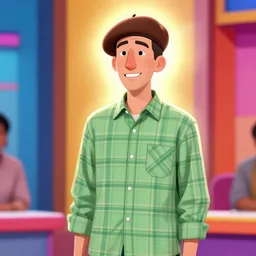 a thin guy with a big nose and an overbite wearing a brown beret and a palid green plaid shirt stand up participating on a tv show, coloful, vibrant colors, illustration, trending artstationg, backlight