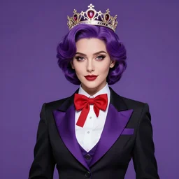 an elegant queen wearing a crown and a red bow tie, purple hair, black and purple suit, purple background, very beautiful, artstation, high quality, sharp, by greg rutkowski, by artgerm, by alphonse mucha
