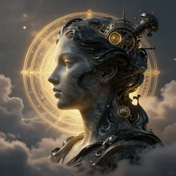 epic illustration, abstract sculpture of beautiful female face silhouette and black swirling liquifying acrylic portrait, fluffy clouds, mechanical superstructure, sacred geometry, glowing edges, golden hour, beautiful light, sculpture of carving marble, dark colors, dark mood, one point light, golden spirals, clockwork, epic matte painting, concept art, bokeh, digital painting, female upperbody