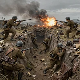 A beautiful hyper realistic detailed matte painting of a trench under bombing with WW1 skeleton soldiers fighting
