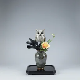 an owl ikebana vase, summer japanese flower arrangement, glazed clay, obsidian, glass, zen,