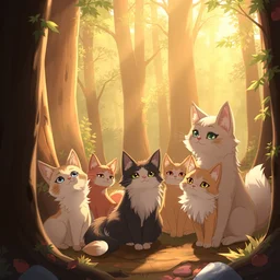 a group of cats in the forest, trending on artstation, trending on furaffinity, digital art, by kawacy, anime, furry art, warm light, backlighting, cartoon, concept art
