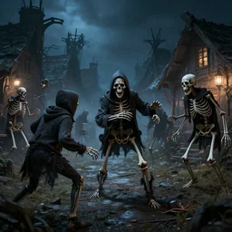 dangerous skeletons wearing hoodies attacking a hamlet at night, dnd, dramatic, fantasy art