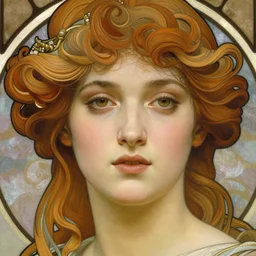 realistic detailed face portrait of Aphrodite by Alphonse Mucha, Greg Hildebrandt, and Mark Brooks, gilded details, spirals, Neo-Gothic, gothic, Art Nouveau, ornate medieval religious icon