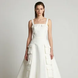 an aesthetic portrait of a model detailed features wearing a cargo wedding dress - chic'techno fashion trend by issey miyake and balenciaga