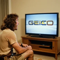 old photo of a caveman watching a Geico commercial, yelling at the TV