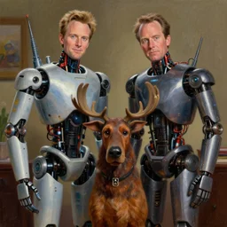 an episode of frasier, set in the year 2 1 2 2, kelsey grammer and david hyde pierce are bio - mechanical robots. john mahoney is a cyborg, and the moose the dog is a droid, intricate detail, volumetric shadows and lighting, realistic oil painting by tim hildebrandt,