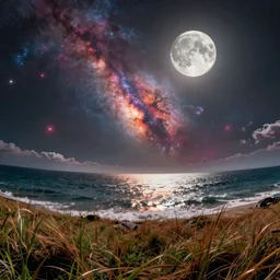 surreal seascape with beautiful nebula, silver full moon and shimmering sea surface in fisheye view, cinematic view, epic sky, detailed, concept art, low angle, high detail, warm lighting, volumetric, godrays, vivid, beautiful, trending on artstation, by jordan grimmer, huge scene, grass, art greg rutkowski
