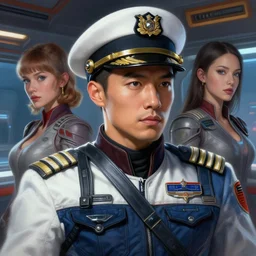 epic professional digital airbrush art of male asian starship captain, by leesha hannigan, iris van herpen, joelle jones, artstation, cgsociety, wlop, epic, much wow, much detail, gorgeous, detailed, cinematic, masterpiece