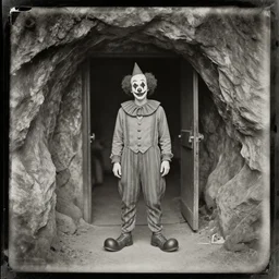 tintype photo of a clown standing at the entrance to a cave