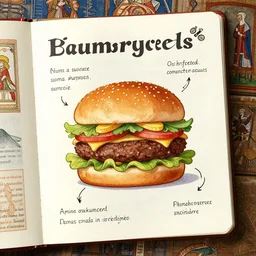 illustrated recipe for an hamburger, lot of medieval enluminures in the background, found schematic in a notebook