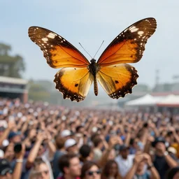 a giant butterfly flies above the crowd by craig mullins