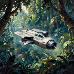 spaceship in a mystic jungle by Frank frazetta, by Dan mcpharlin
