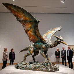 stunning intriguing polished massive bronze sculpture of a mythic pterodactyl animal by beth cavener in a museum. painted color fading fradient. with help of ellen jewett, beth cavener, sayaka ganz, edouard martinet, john o'reilly and judith klausner