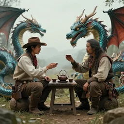 Tea ceremony between a Western cowboy and a dragon, high fantasy concept art, cinematic, 4k, trending on ArtStation