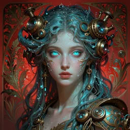 the greek goddess aphrotite, hair made of water, steampunk, beautiful glowing eyes, volumetric lights, red and cyan theme, art nouveau botanicals, intricate, highly detailed, digital painting, artstation, concept art, smooth, sharp focus, cinematic, illustration, beautiful face, art by artgerm and greg rutkowski and alphonse mucha