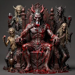 the devil sits on his throne drinking blood from a goblet, horror art by beksinski and szukalski and giger and and pyromallis and dzo and iris compiet and seb mckinnon and, digital art, highly detailed, intricate, sharp focus, trending on artstation hq, deviantart, pinterest, unreal engine 5, 4 k uhd image