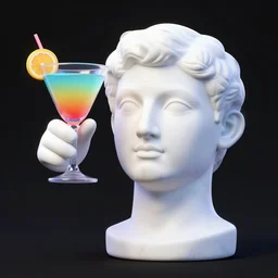 a 3 d model of a white marble human head holding a colorful coctail, digital illustration, 3 d render, above the waist